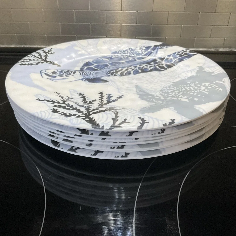 Marine Sea Turtle Melamine Dinner Plate Set 8- 11" Round Plates Nautical Coastal - Picture 2 of 9